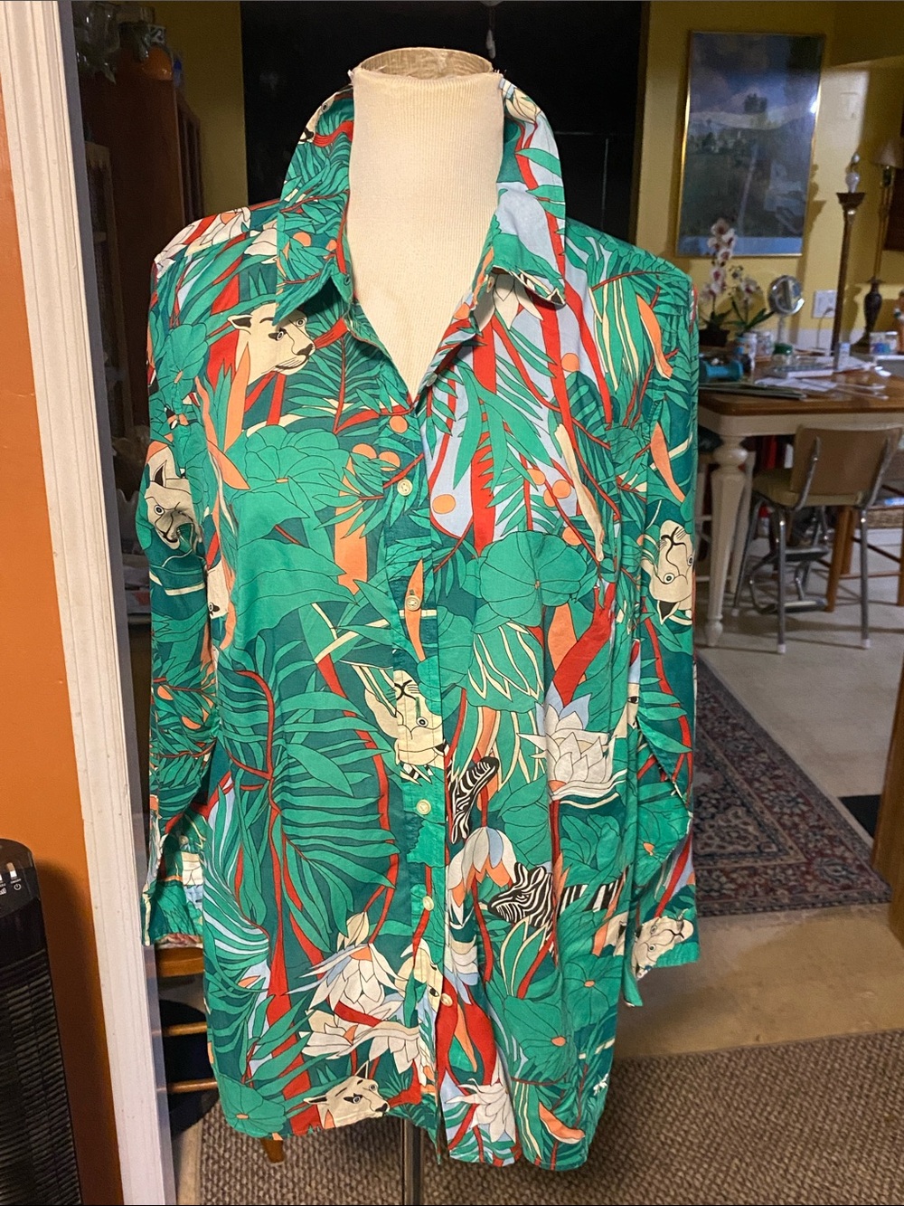 TALBOTS Green Tropical Print Button-Down Shirt with Red & Cream Accents